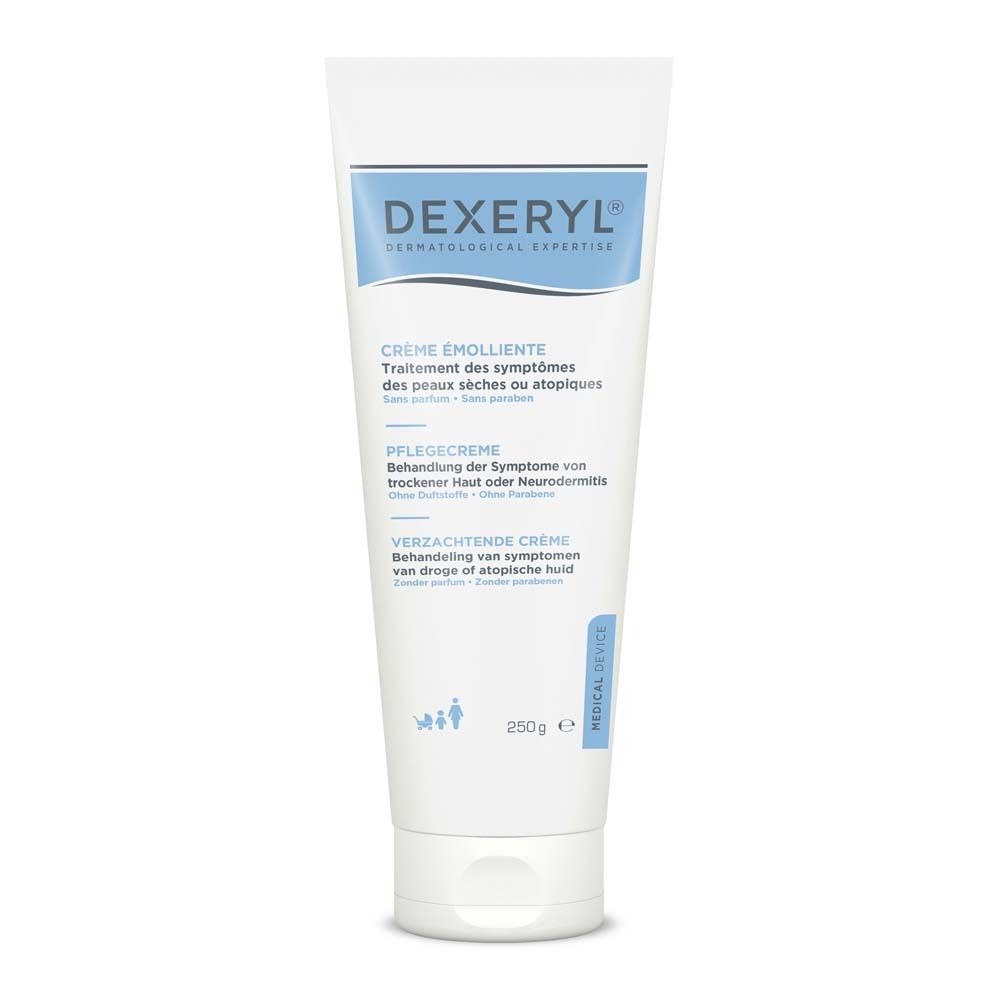 Weiße Tube mit blauer Schrift. Text: DEXERYL, Crème émolliente, Pflegecreme, Verzachtende crème. 250g.