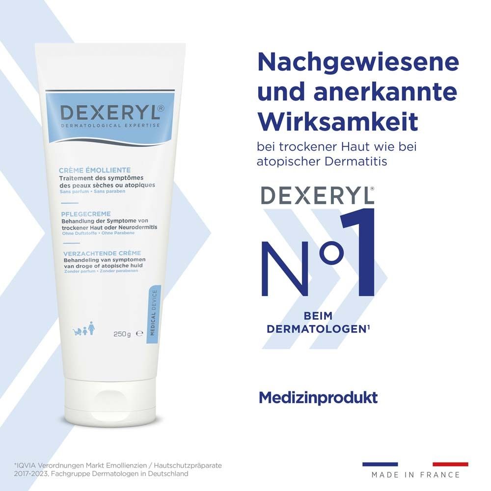Weiße Tube mit blauer Schrift. Text: DEXERYL, Crème émolliente, Pflegecreme, Verzachtende crème. Nr. 1 beim Dermatologen.