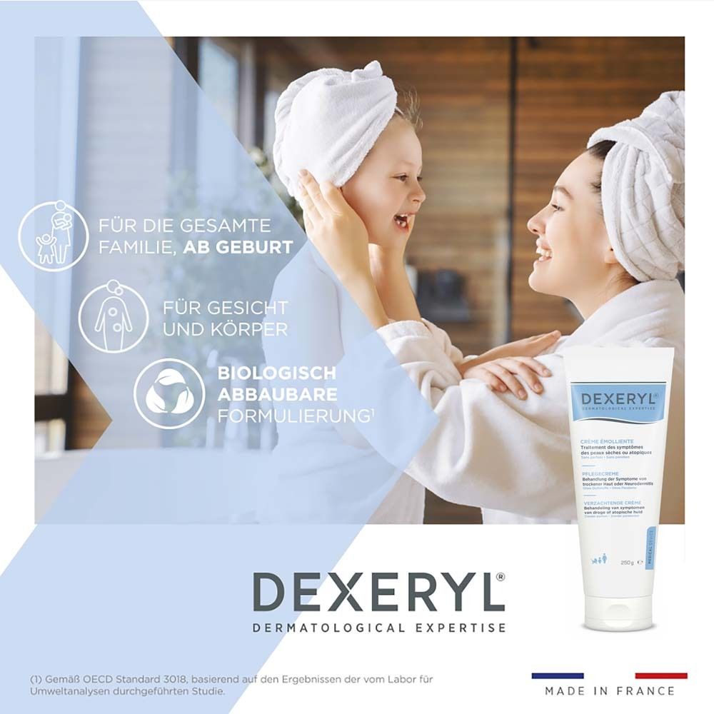 Frau und Kind mit Handtüchern. Tube mit blauer Schrift. Text: DEXERYL, Crème émolliente, Pflegecreme, ab Geburt.