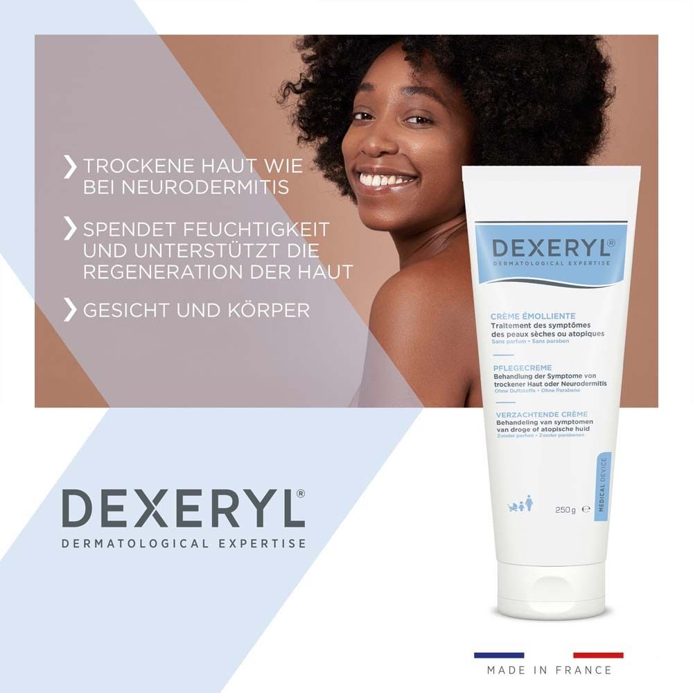 Frau mit Locken. Tube mit blauer Schrift. Text: DEXERYL, Crème émolliente, Pflegecreme, für Gesicht und Körper.
