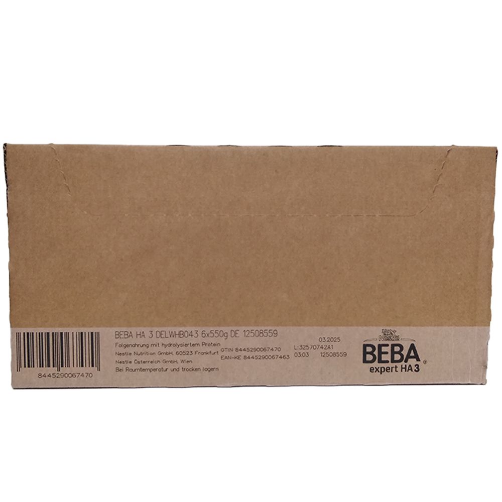 Kartonboden mit Produktinformationen: Nestlé Beba Expert HA 3, Chargennummer, Logo.