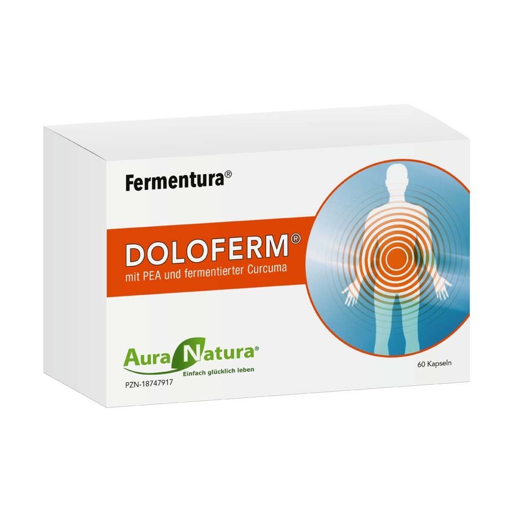 Weiße Schachtel mit Produktnamen DOLOFERM. Aufdrucke: Fermentura, Aura Natura, 60 Kapseln. Abbildung eines menschlichen Körpers.