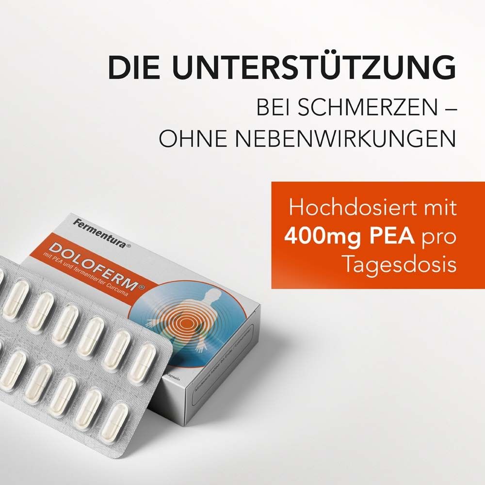 Produktverpackung und Blisterpackung mit Kapseln. Text: DOLOFERM, 400mg PEA pro Tagesdosis. Text: Ohne Nebenwirkungen.