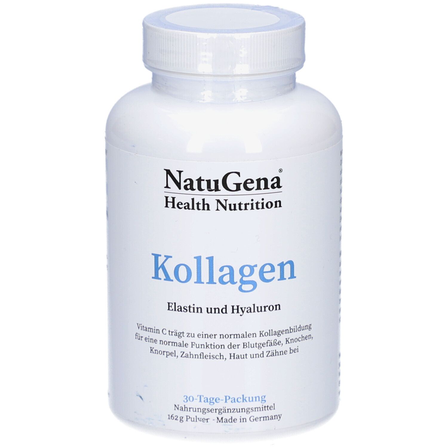 Weiße Flasche mit blauem Etikett. Schriftzug: Kollagen, Elastin und Hyaluron. Marke: NatuGena Health Nutrition.