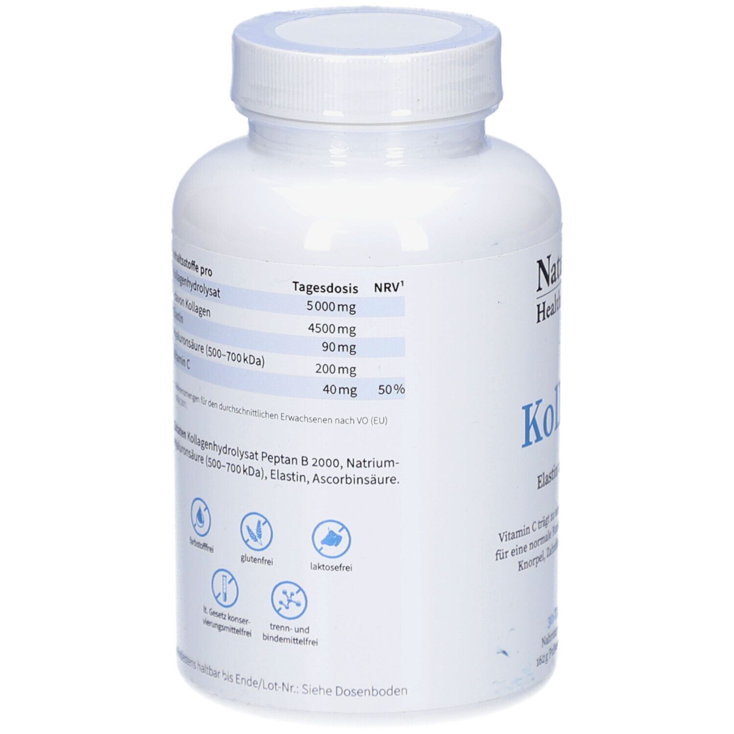 Rückseite der weißen Flasche. Auflistung der Inhaltsstoffe und Nährwerte. Enthält Kollagen, Elastin, Vitamin C.