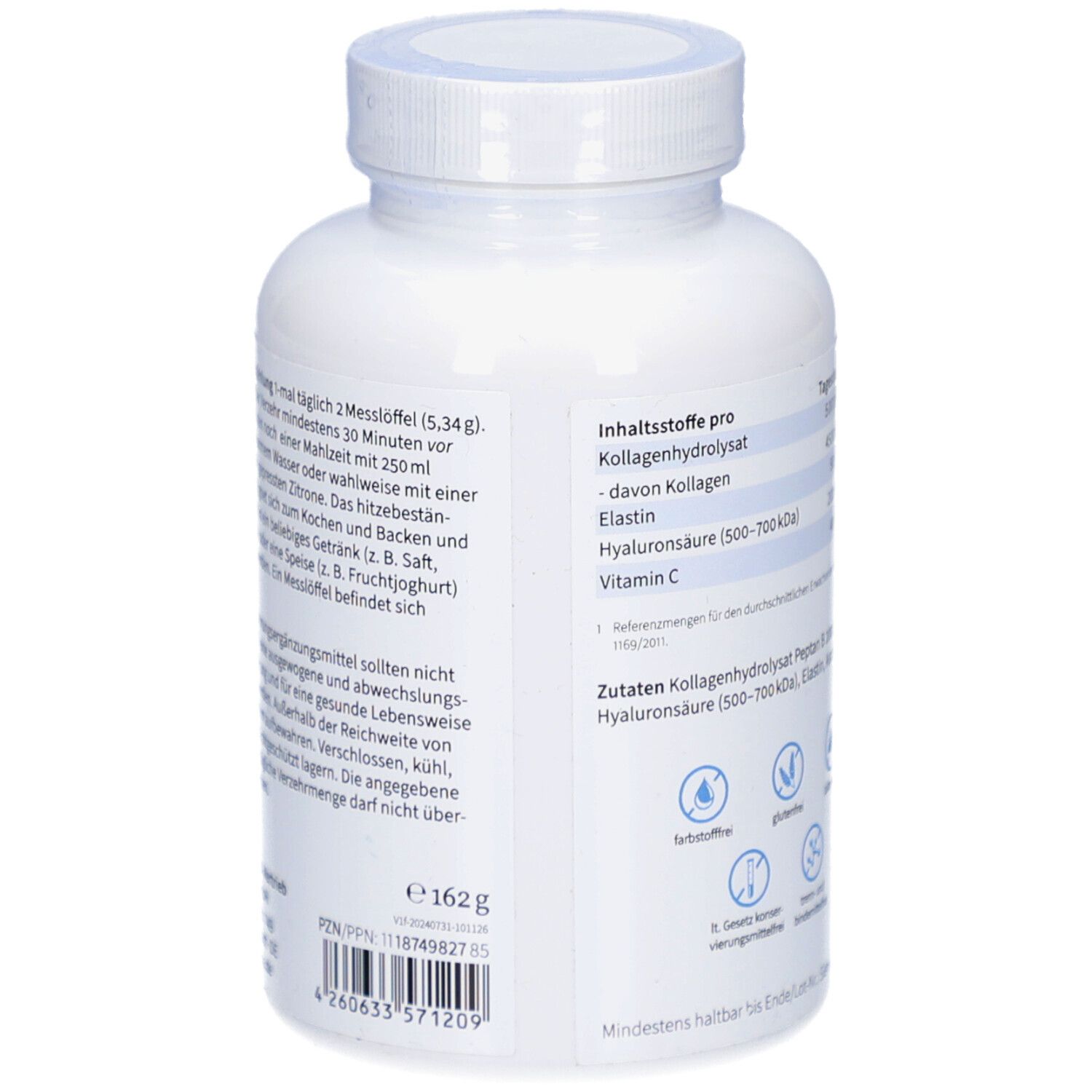 Rückseite der weißen Flasche. Informationen zur Anwendung und Inhaltsstoffe. 162g Pulver.