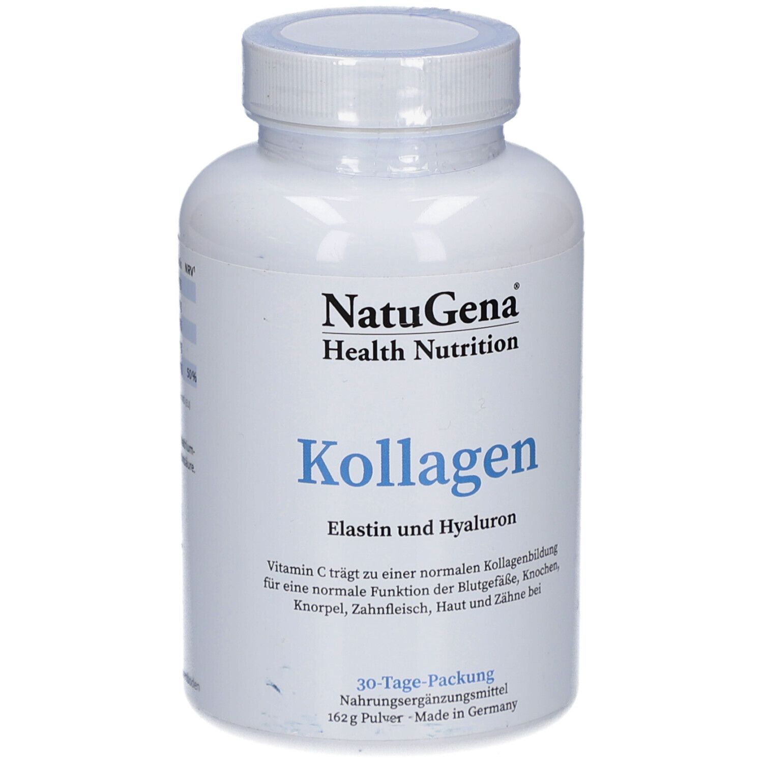 Weiße Flasche mit blauem Etikett. Schriftzug: Kollagen, Elastin und Hyaluron. Marke: NatuGena Health Nutrition.