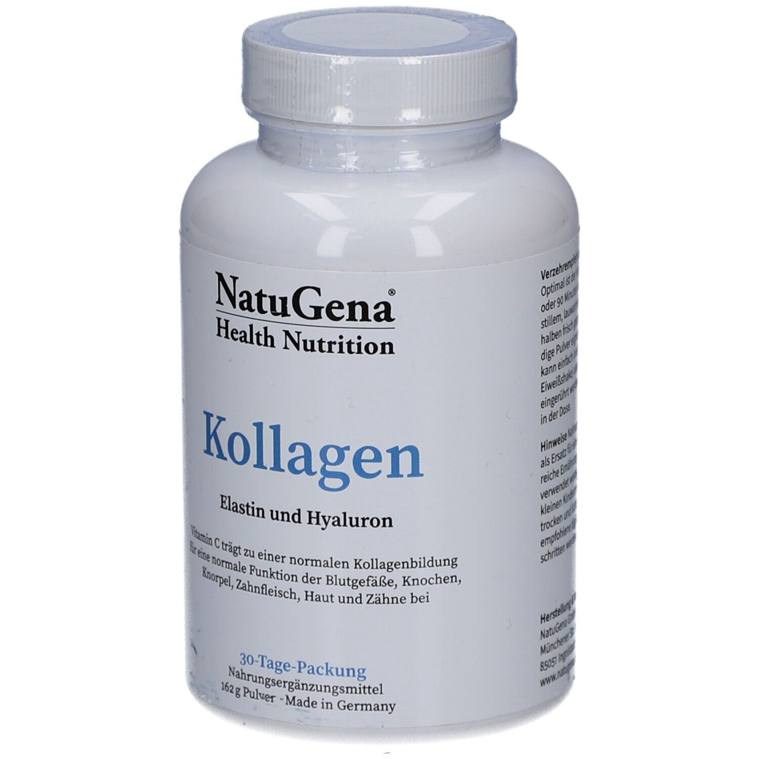 Weiße Flasche mit blauem Etikett. Schriftzug: Kollagen, Elastin und Hyaluron. Marke: NatuGena Health Nutrition.