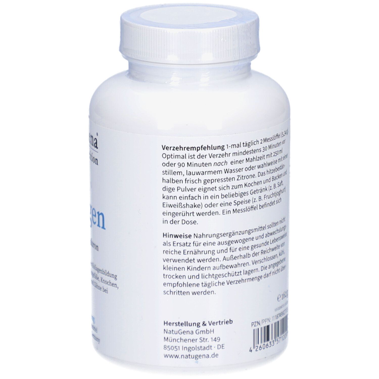 Rückseite der weißen Flasche. Informationen zur Anwendung und Inhaltsstoffe. Hersteller: NatuGena GmbH.