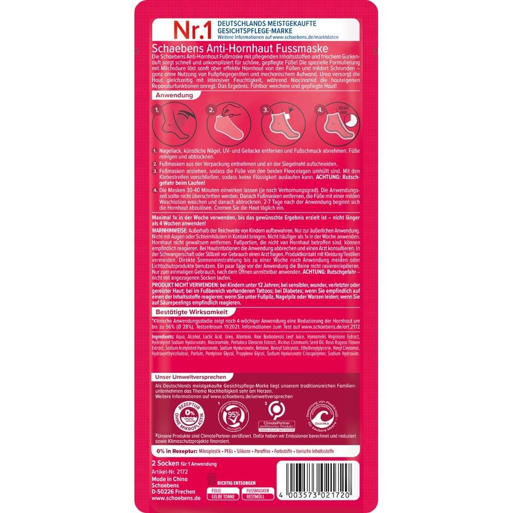 Rückseite der rosa Verpackung. Text: Schaebens Anti-Hornhaut Fußmaske, Anwendung, Inhaltsstoffe, Zertifizierungen, Barcode.