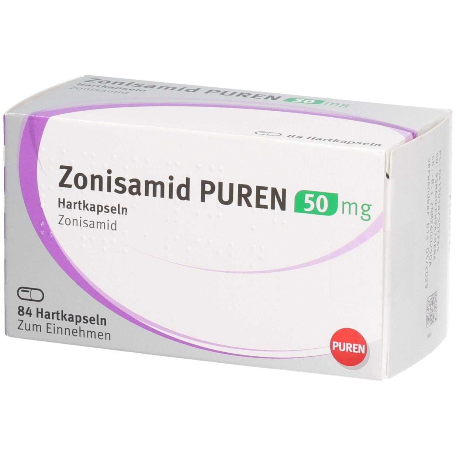 Zonisamid PUREN 50 mg Hartkapseln Verpackung. Enthält 84 Hartkapseln.