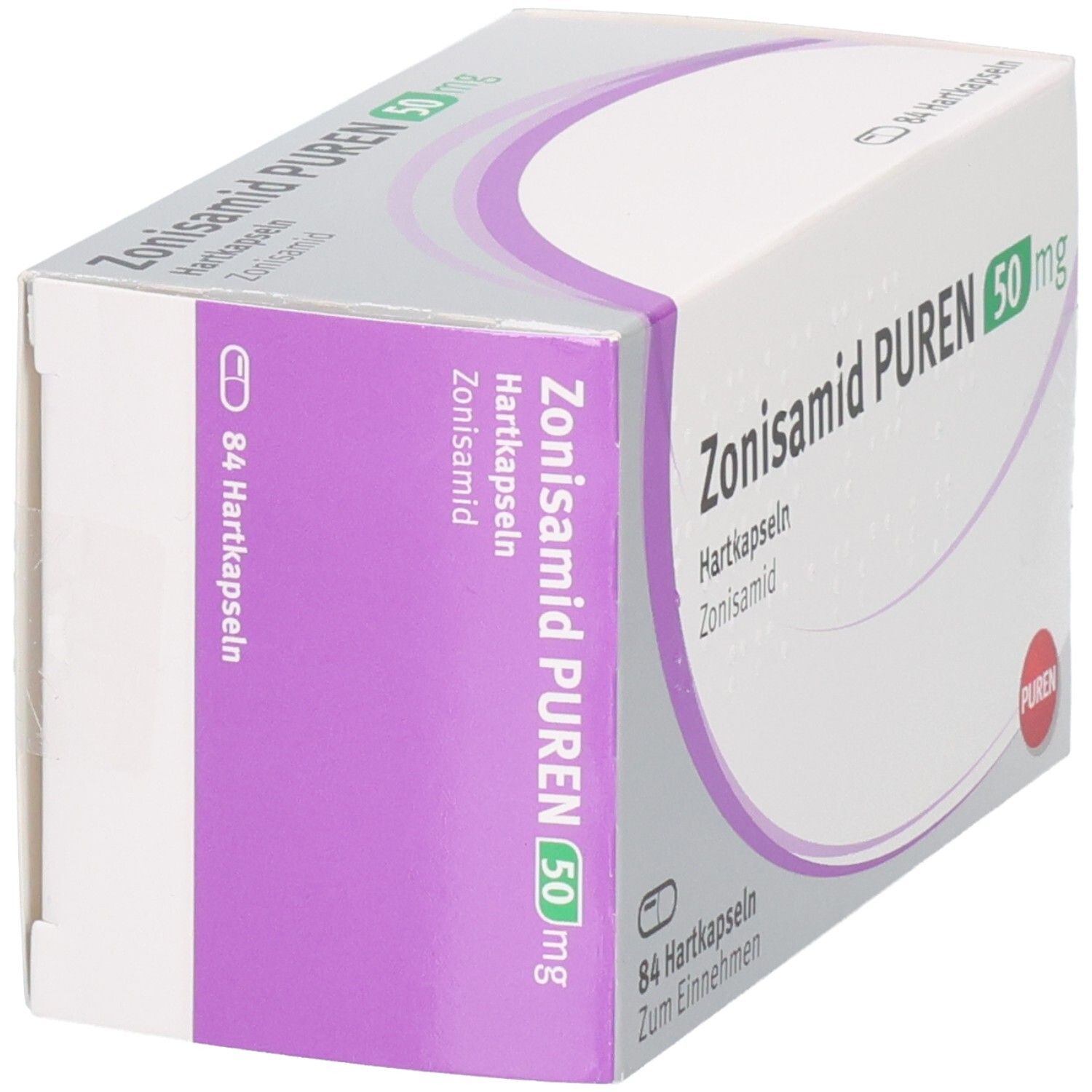 Zonisamid PUREN 50 mg Hartkapseln Verpackung, Seitenansicht. Enthält 84 Hartkapseln.