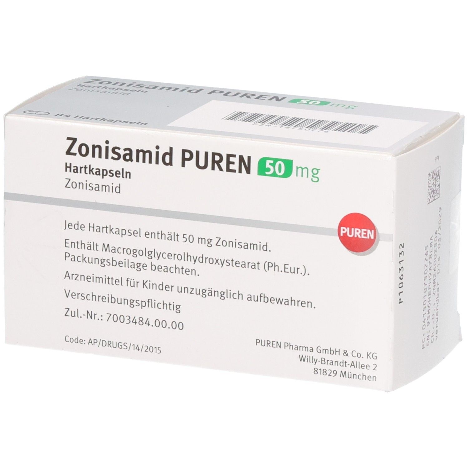 Zonisamid PUREN 50 mg Hartkapseln Verpackung mit detaillierten Informationen.