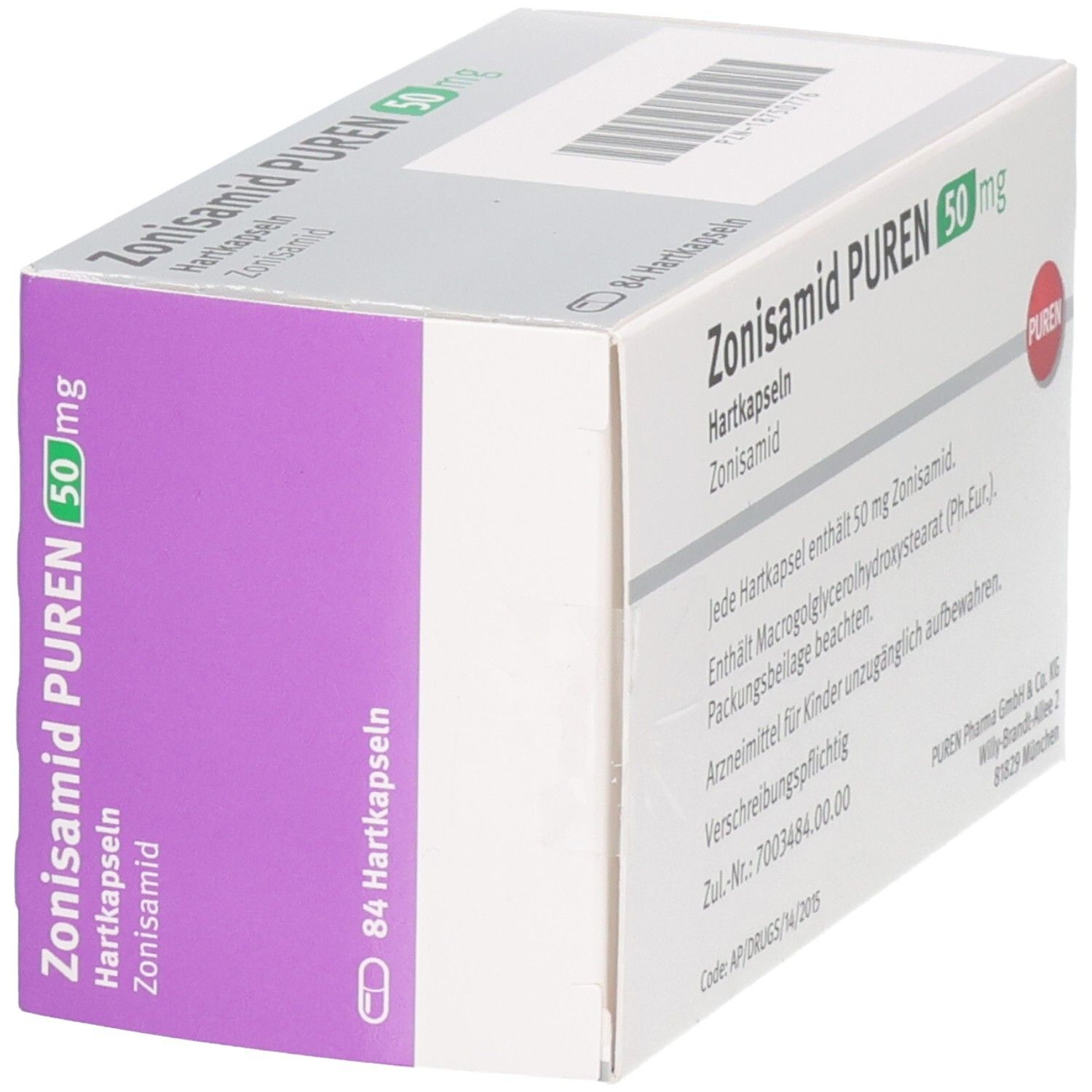 Zonisamid PUREN 50 mg Hartkapseln Verpackung, schräge Ansicht. Enthält 84 Hartkapseln.
