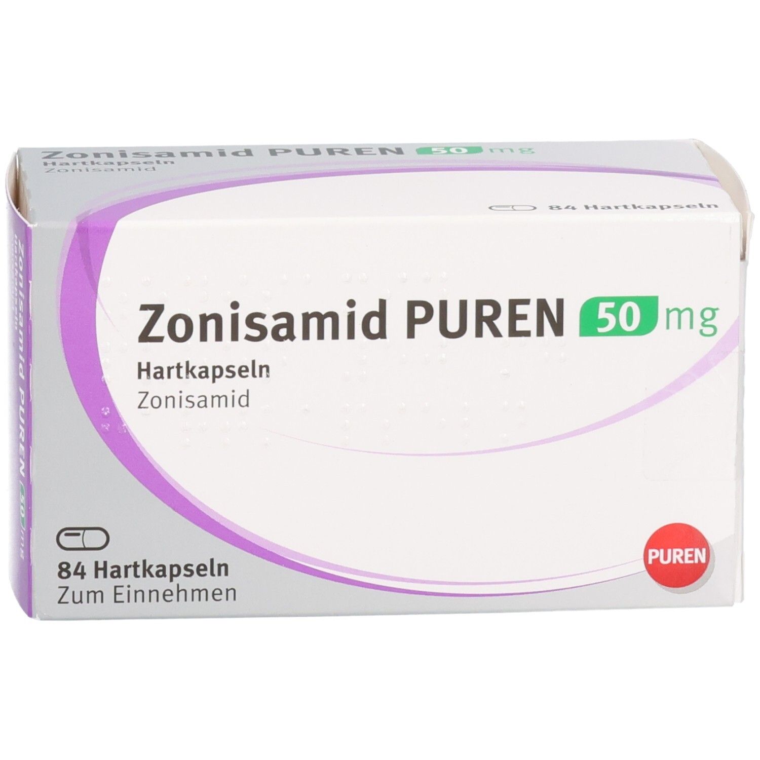 Zonisamid PUREN 50 mg Hartkapseln Verpackung. Enthält 84 Hartkapseln.