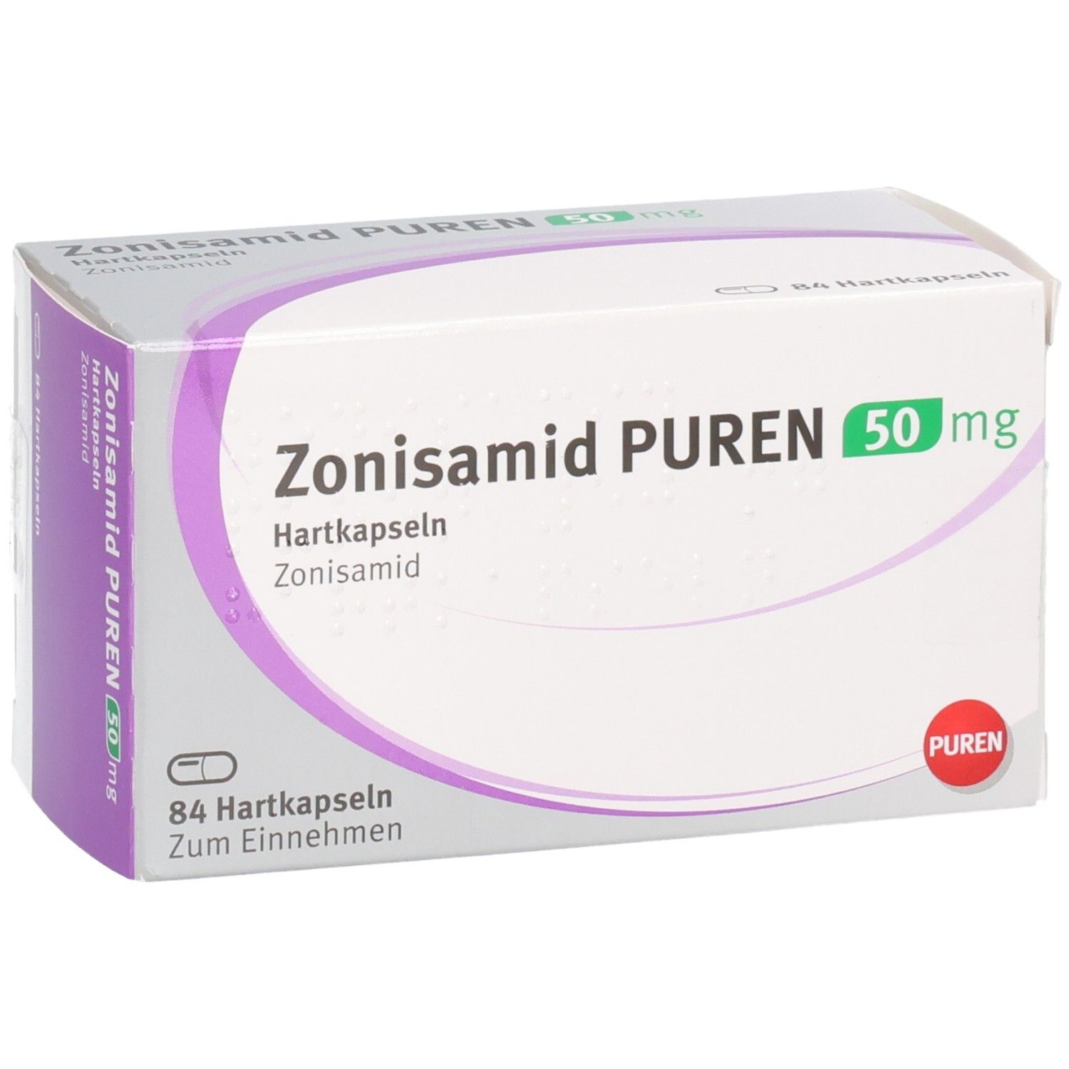 Zonisamid PUREN 50 mg Hartkapseln Verpackung. Enthält 84 Hartkapseln.