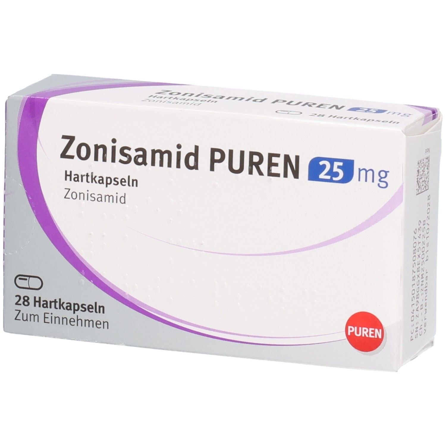 Zonisamid PUREN 25 mg Hartkapseln, Packung mit 28 Kapseln.