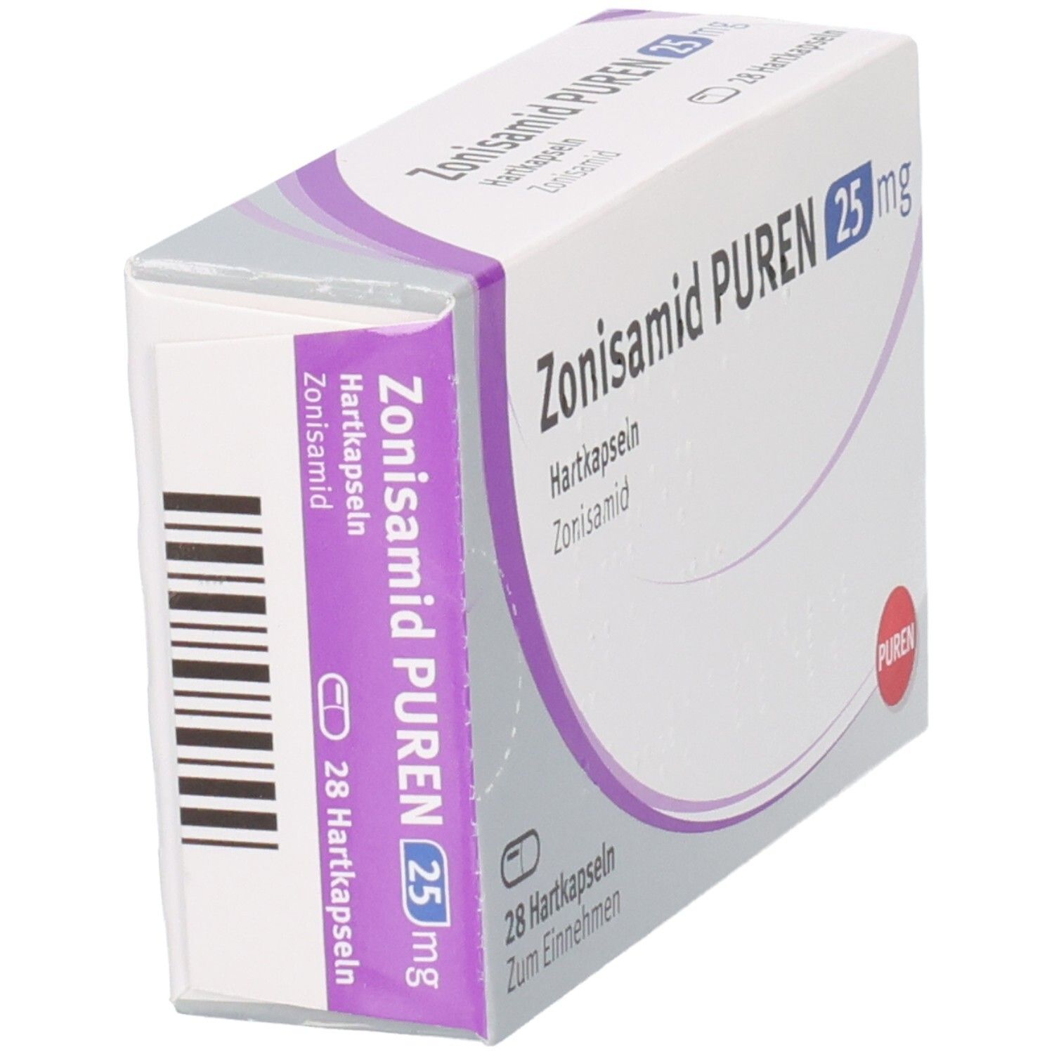Zonisamid PUREN 25 mg Hartkapseln, Seitenansicht der Packung mit 28 Kapseln.