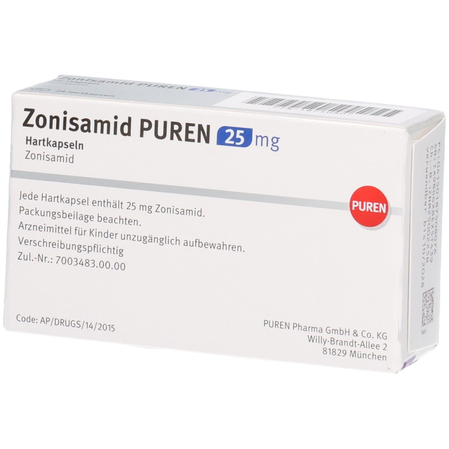 Zonisamid PUREN 25 mg Hartkapseln, Packungsrückseite mit Dosierungsinformationen.