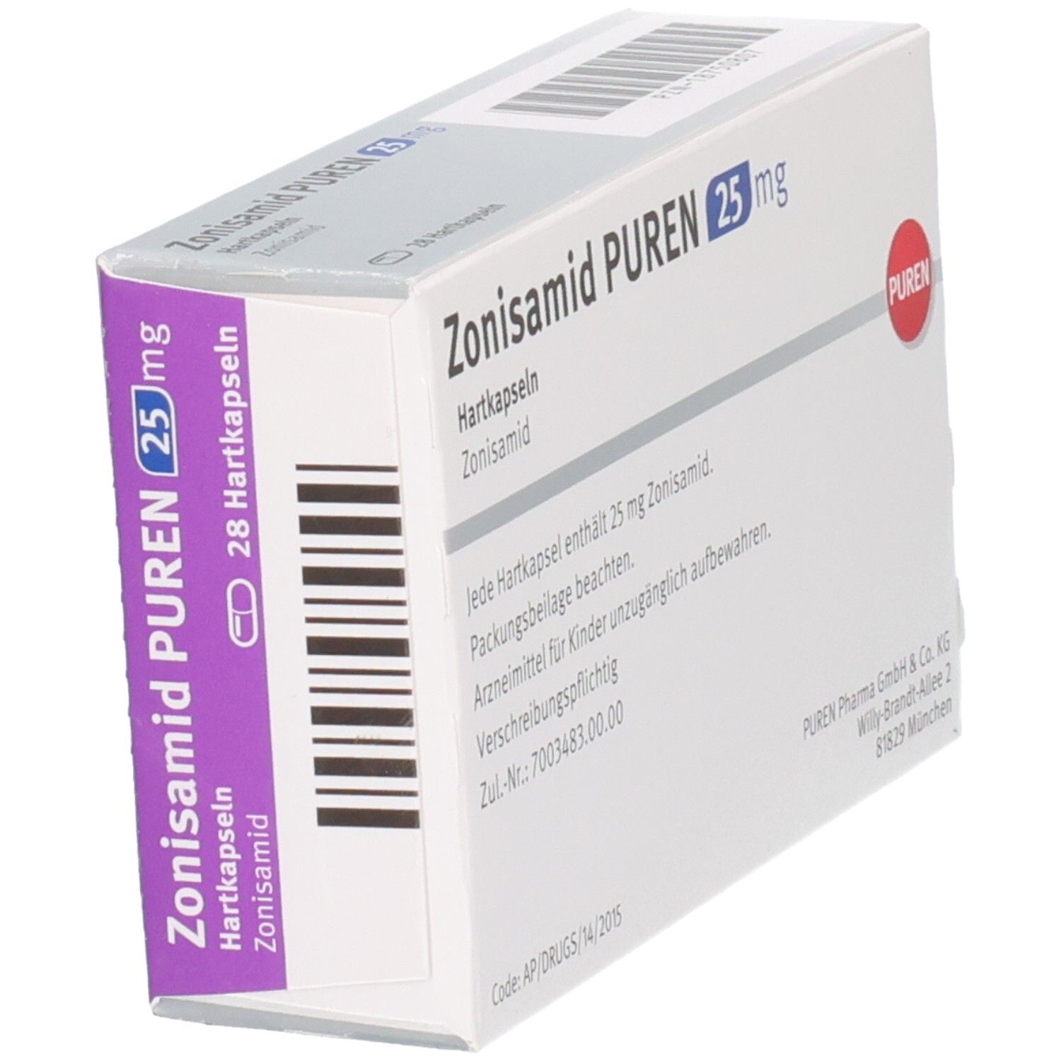 Zonisamid PUREN 25 mg Hartkapseln, schräge Ansicht der Packung mit 28 Kapseln.