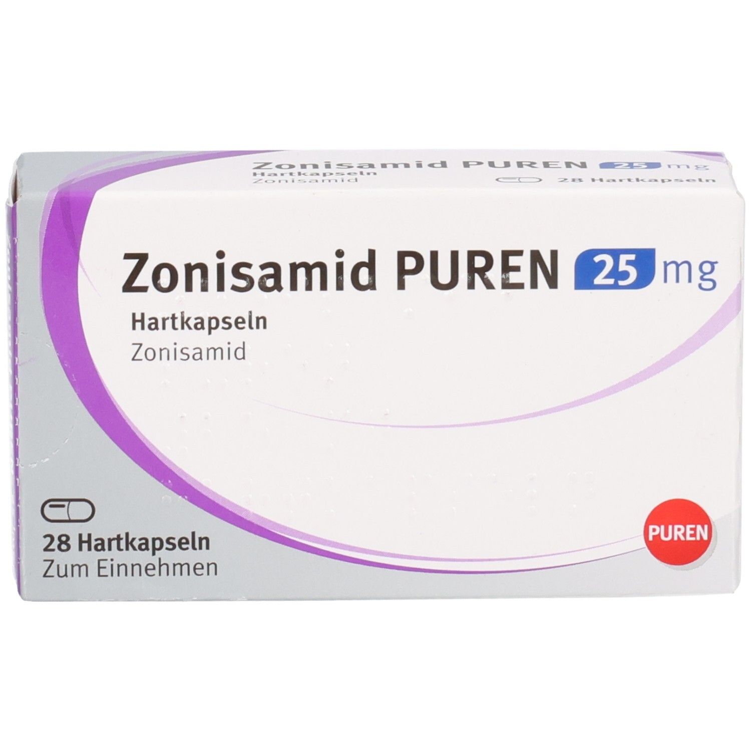 Zonisamid PUREN 25 mg Hartkapseln, Packung mit 28 Kapseln, Vorderansicht.