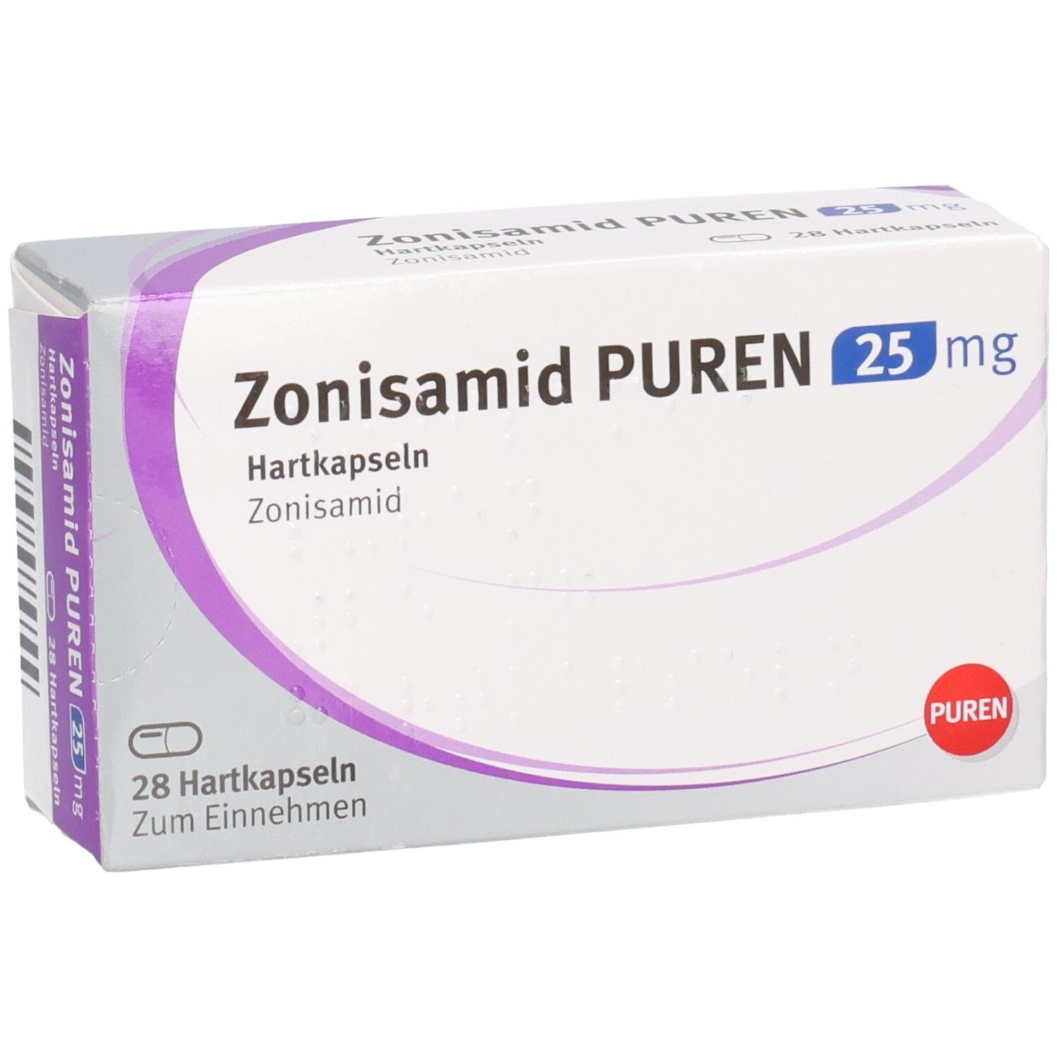Zonisamid PUREN 25 mg Hartkapseln, Packung mit 28 Kapseln, leicht schräg.
