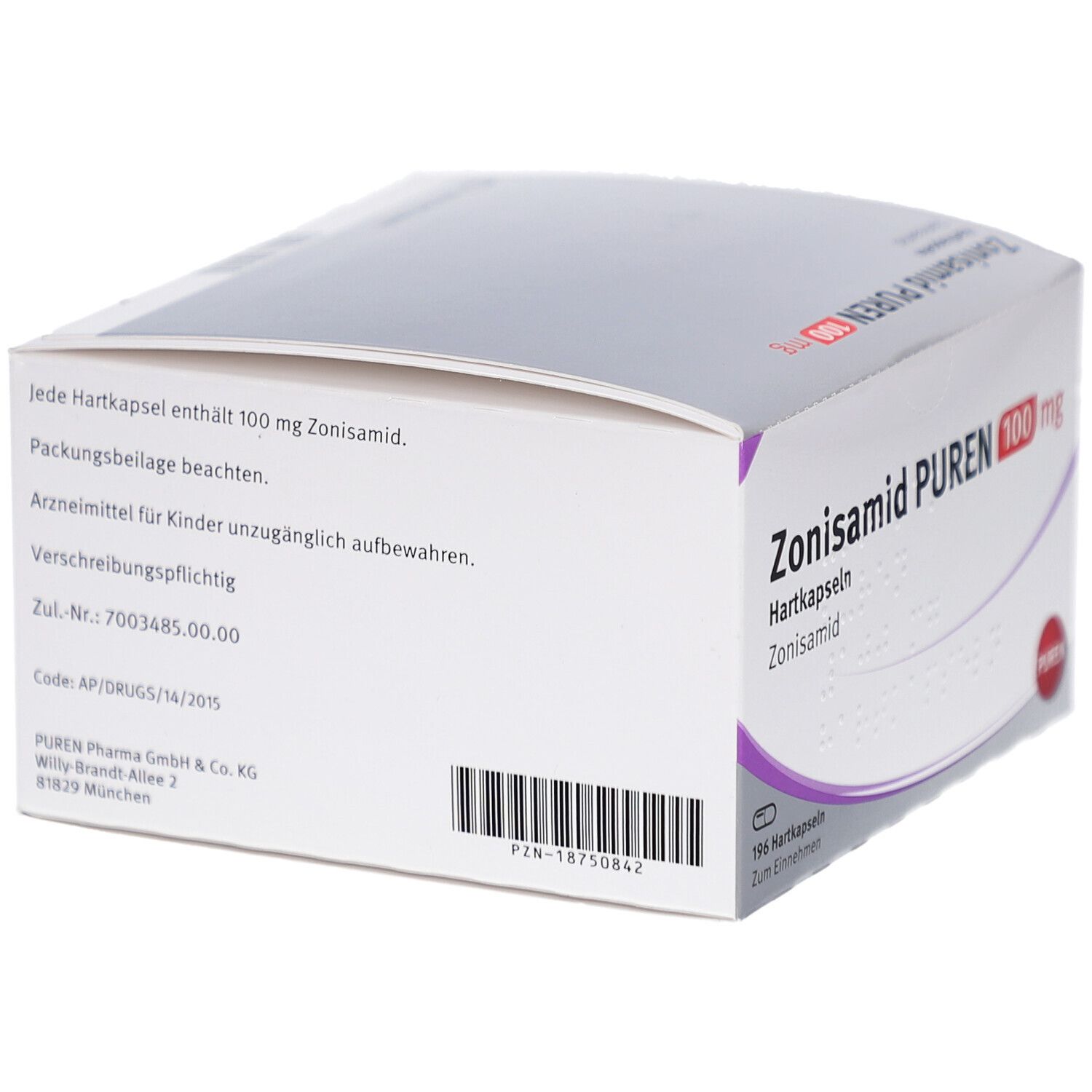 Schachtel mit Zonisamid PUREN 100 mg Hartkapseln. Rückseite mit Text und Barcode. Logo PUREN.