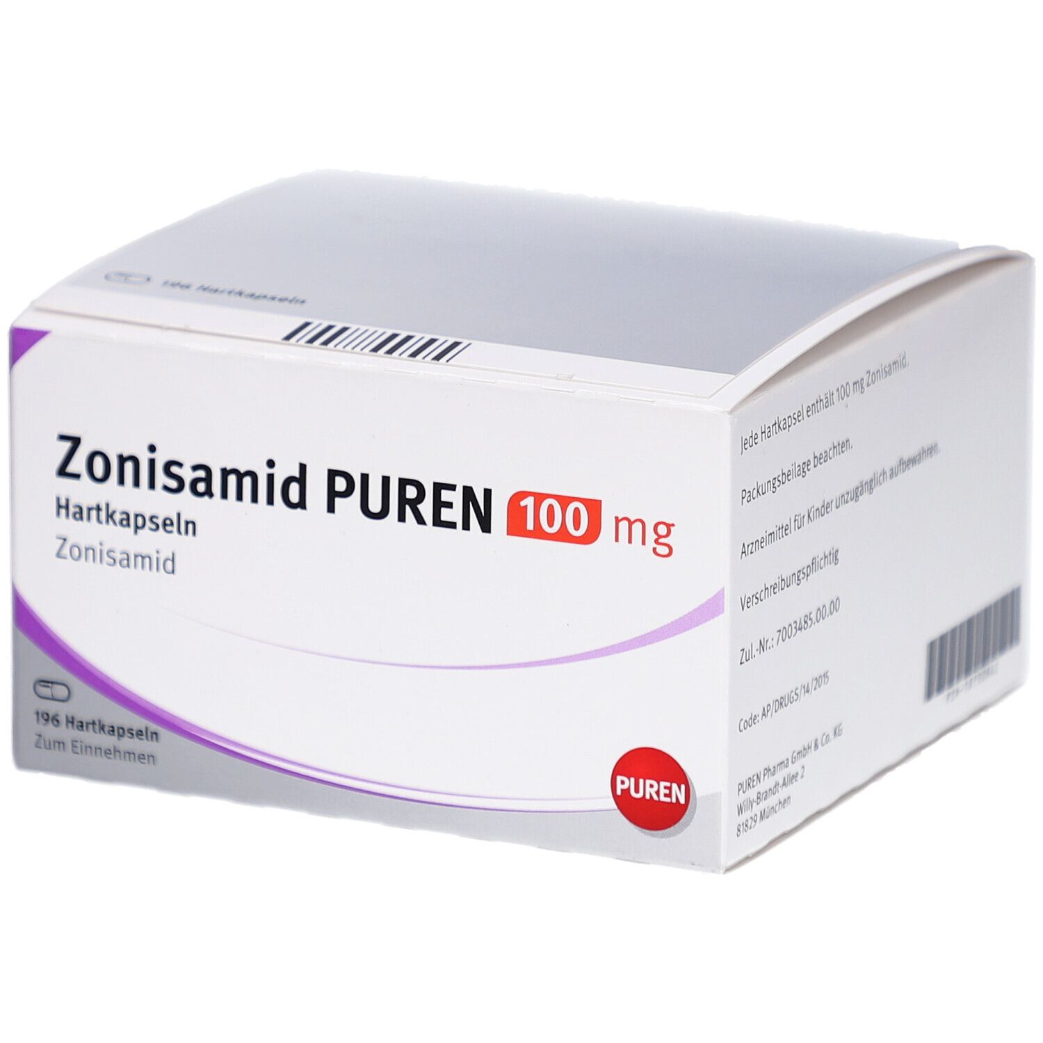 Schachtel mit Zonisamid PUREN 100 mg Hartkapseln. Aufdruck: Zonisamid, 196 Hartkapseln. Logo PUREN.