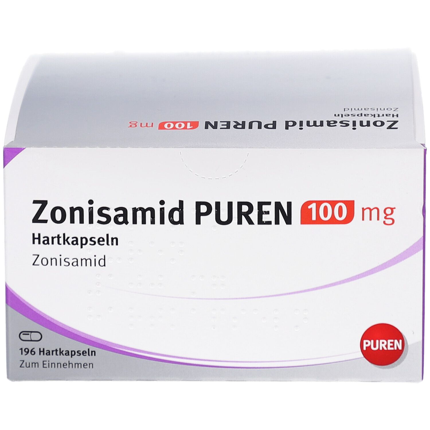 Schachtel mit Zonisamid PUREN 100 mg Hartkapseln. Aufdruck: Zonisamid, 196 Hartkapseln. Logo PUREN.