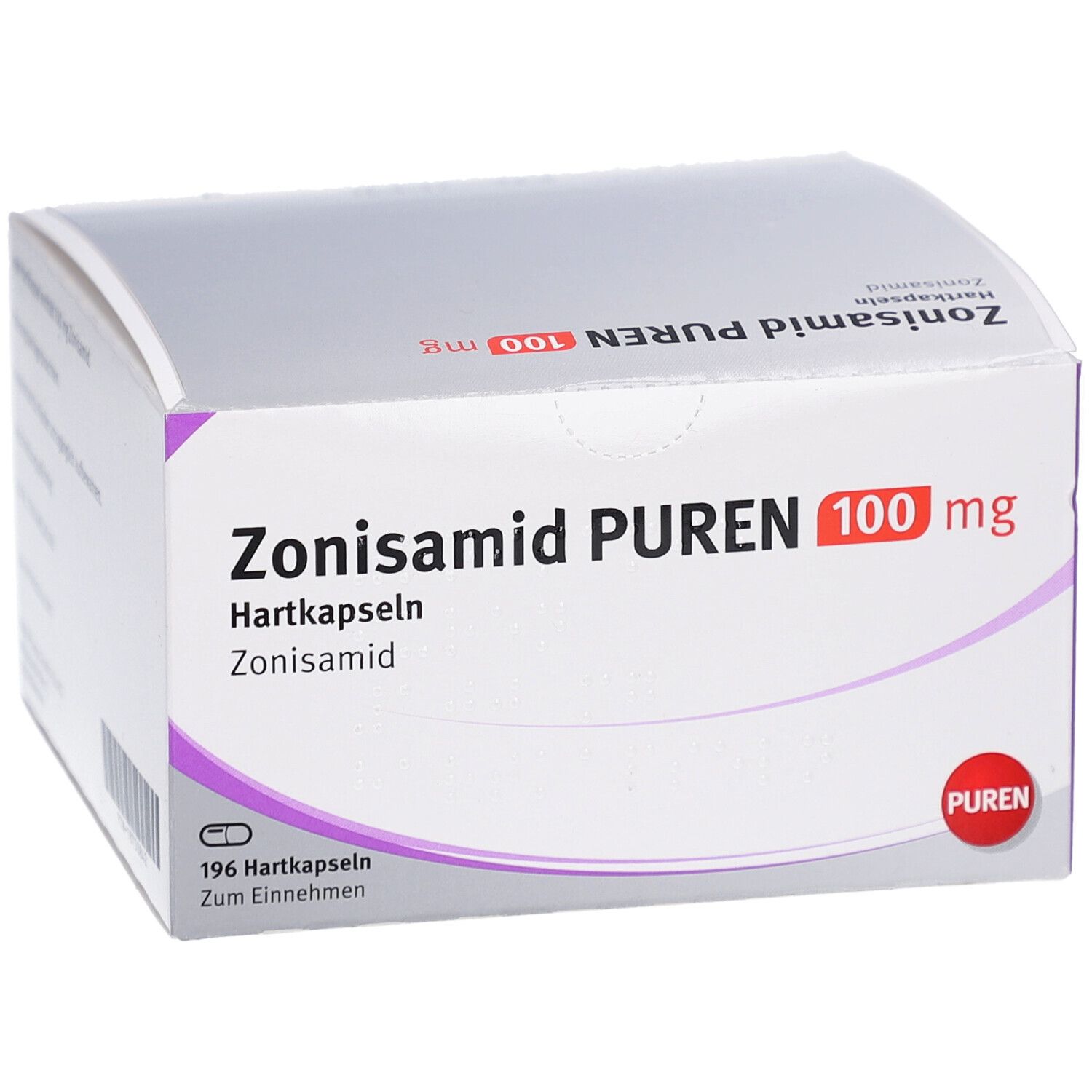 Schachtel mit Zonisamid PUREN 100 mg Hartkapseln. Aufdruck: Zonisamid, 196 Hartkapseln. Logo PUREN.
