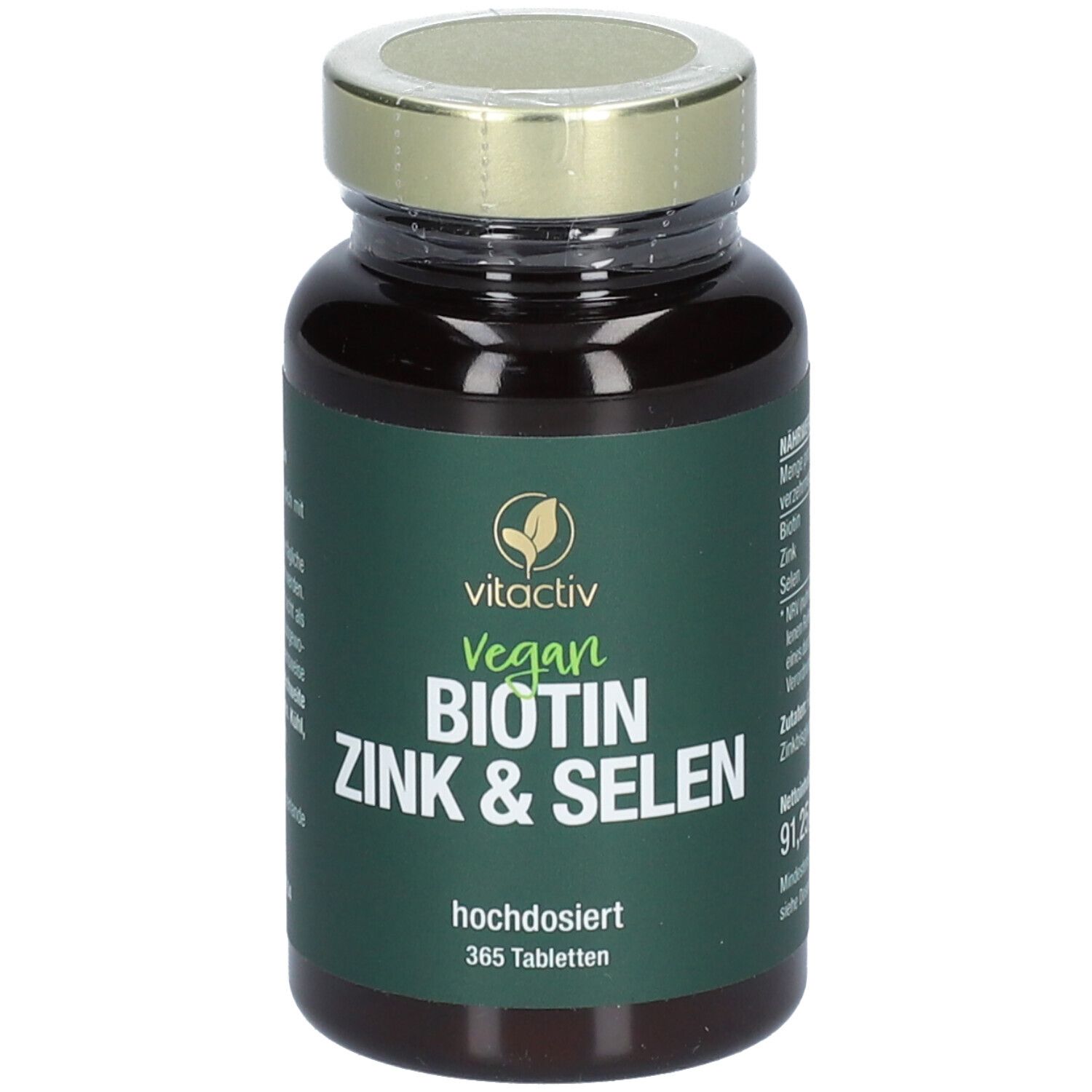 Braune Glasflasche mit grünem Etikett. Aufschrift: vitactiv Vegan BIOTIN ZINK & SELEN. 365 Tabletten.