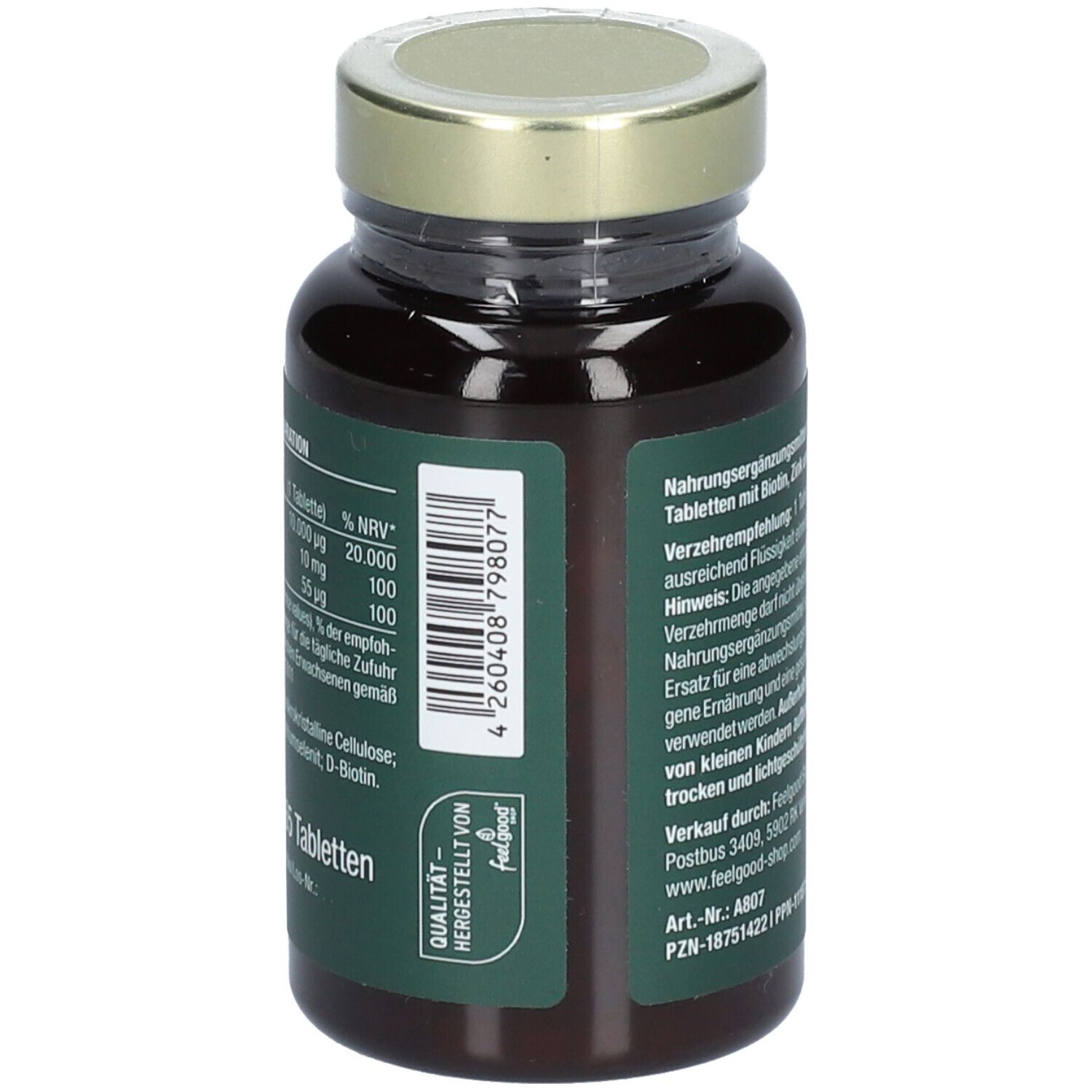 Rückseite der Flasche. Aufschrift: vitactiv Vegan BIOTIN ZINK & SELEN. Text: Nährwertdeklaration.