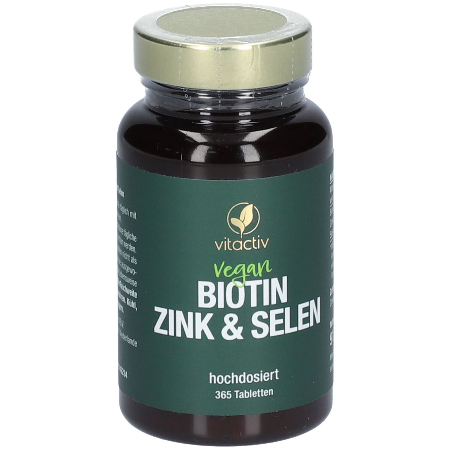 Braune Glasflasche mit grünem Etikett. Aufschrift: vitactiv Vegan BIOTIN ZINK & SELEN. 365 Tabletten.