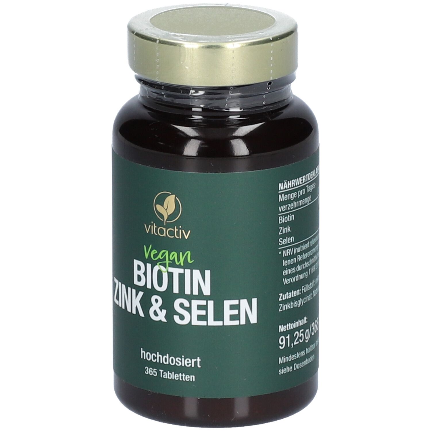 Braune Glasflasche mit grünem Etikett. Aufschrift: vitactiv Vegan BIOTIN ZINK & SELEN. 365 Tabletten.