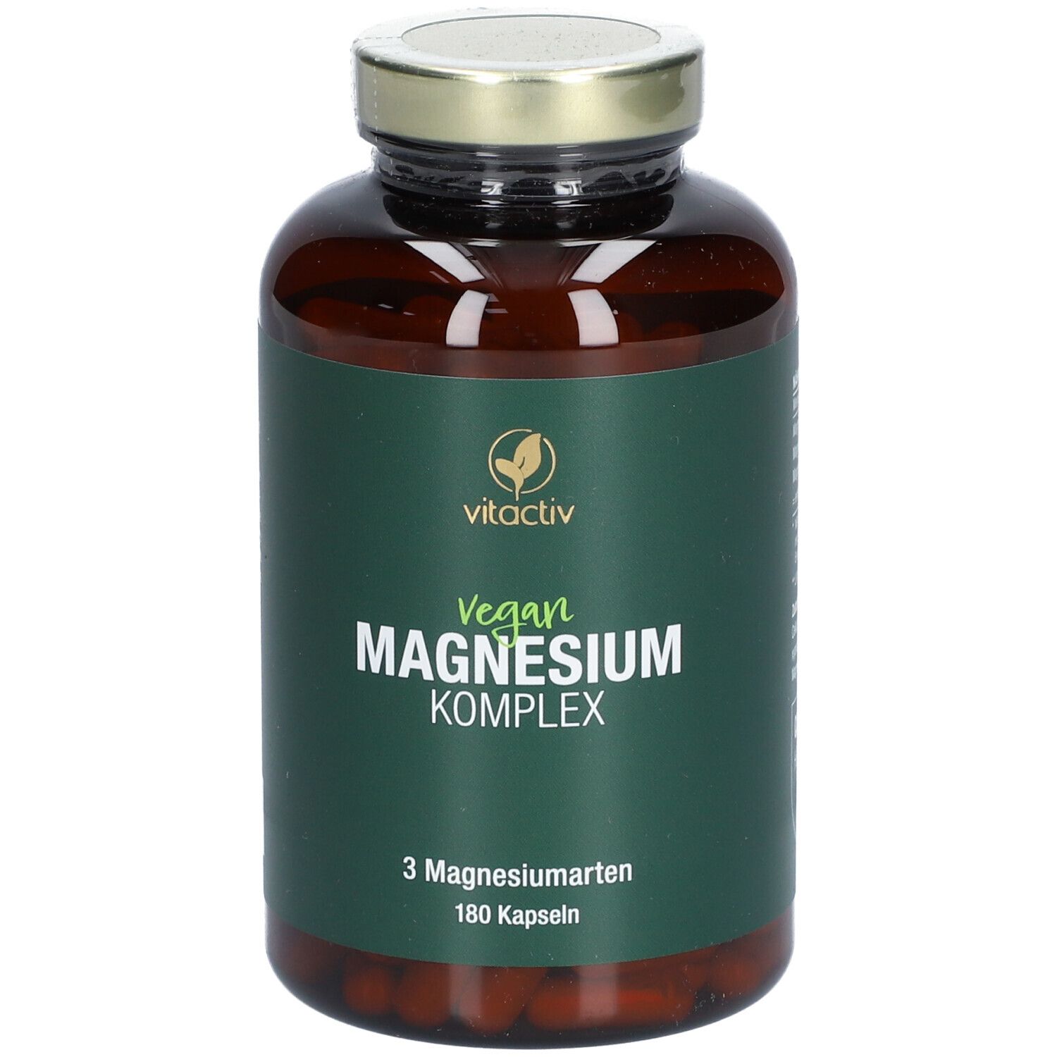 Braune Flasche mit grünem Etikett. Aufschrift: Vegan Magnesium Komplex. 180 Kapseln.