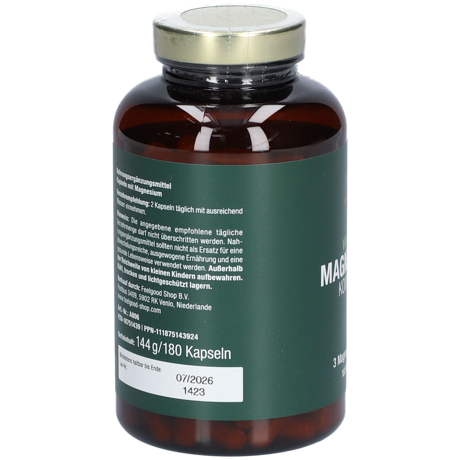 Braune Flasche mit grünem Etikett. Aufschrift: Vegan Magnesium Komplex. 180 Kapseln.