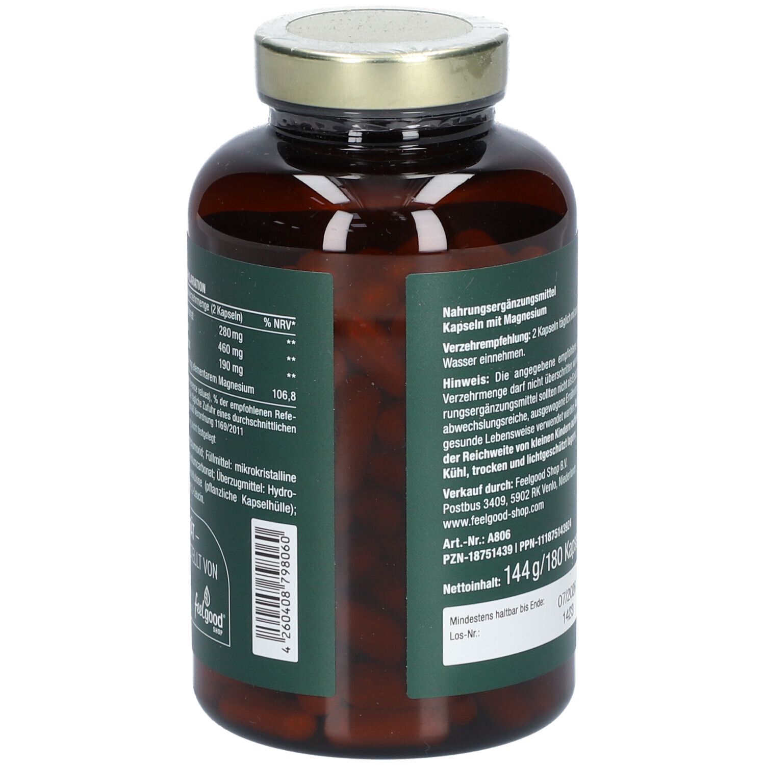 Braune Flasche mit grünem Etikett. Aufschrift: Vegan Magnesium Komplex. 180 Kapseln.