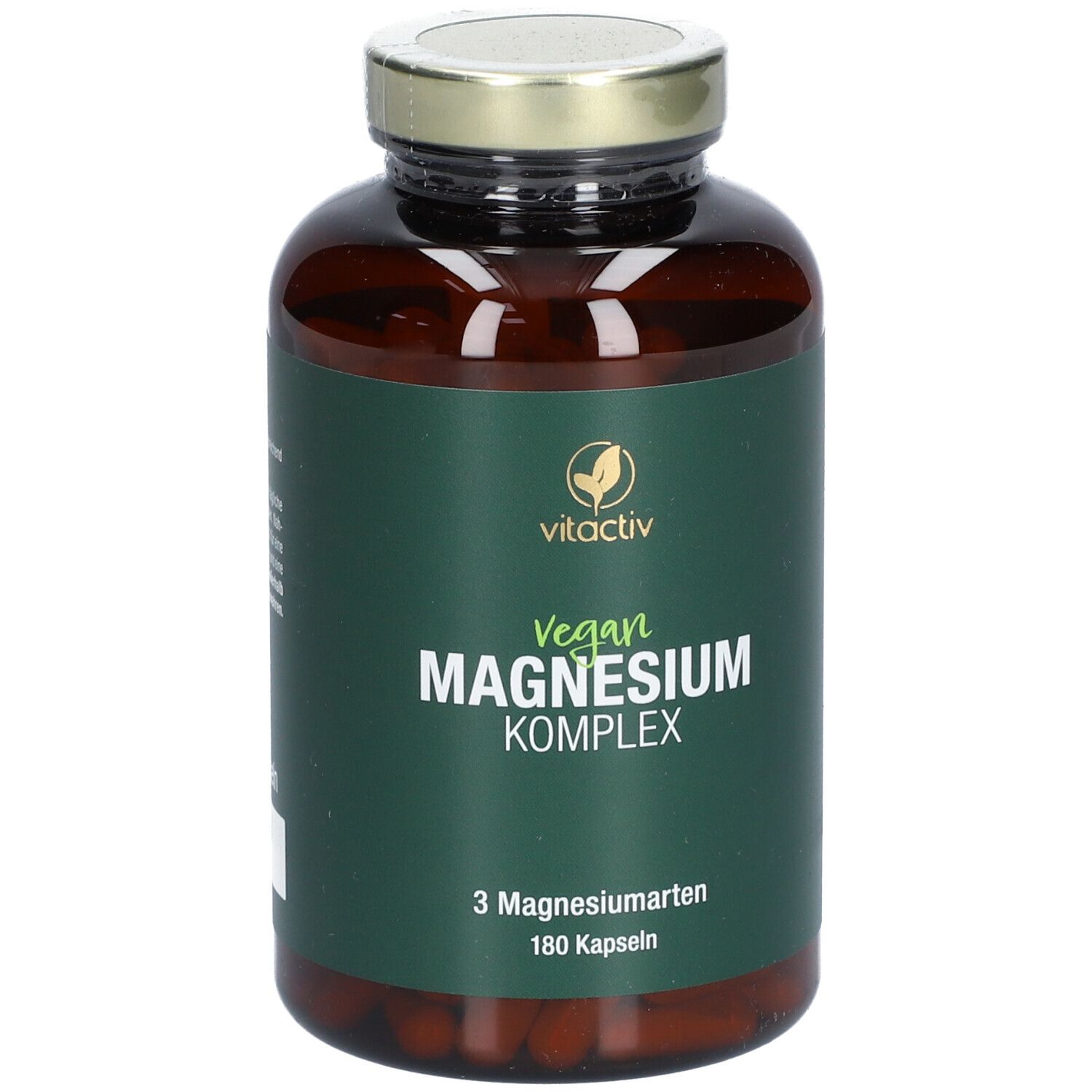 Braune Flasche mit grünem Etikett. Aufschrift: Vegan Magnesium Komplex. 180 Kapseln.