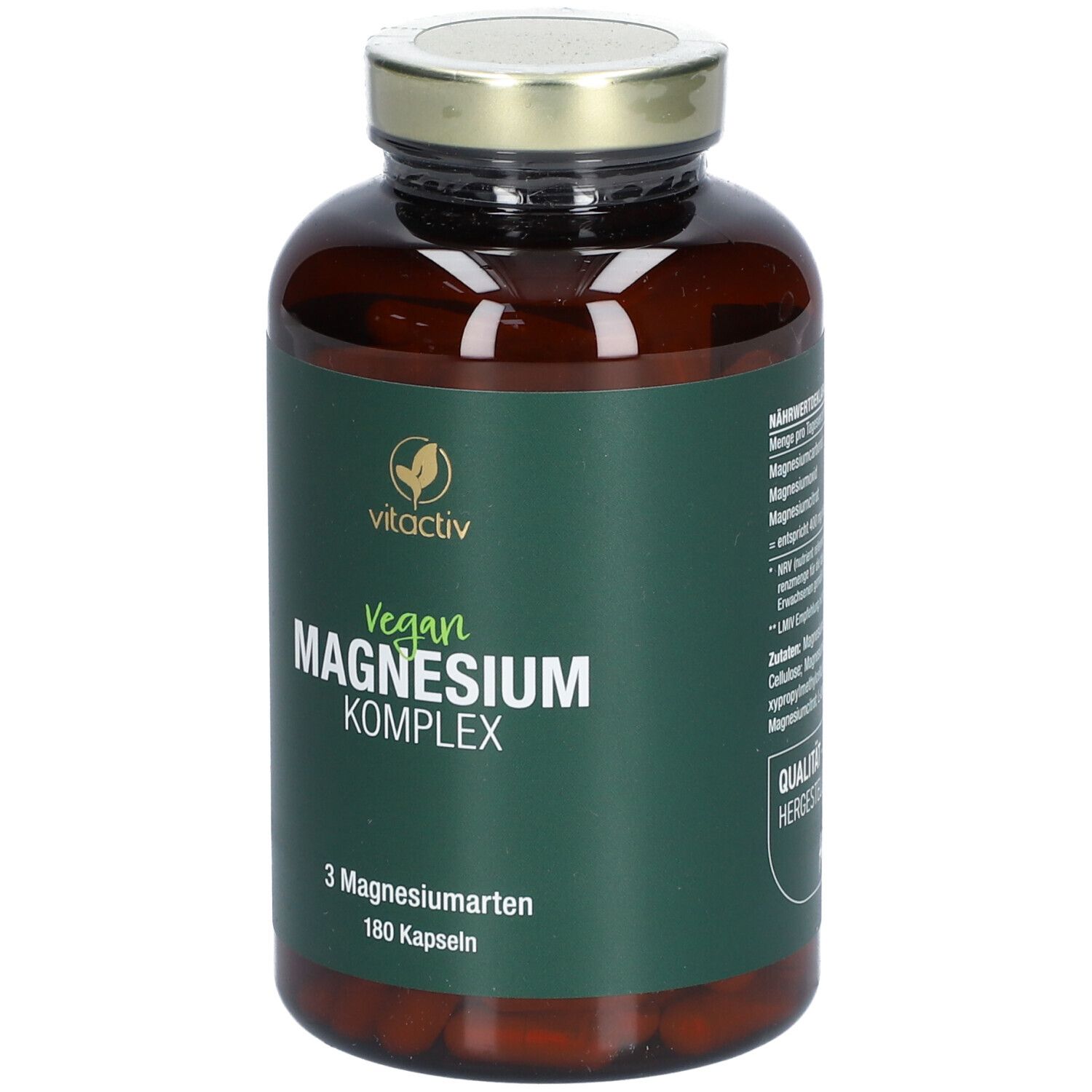 Braune Flasche mit grünem Etikett. Aufschrift: Vegan Magnesium Komplex. 180 Kapseln.