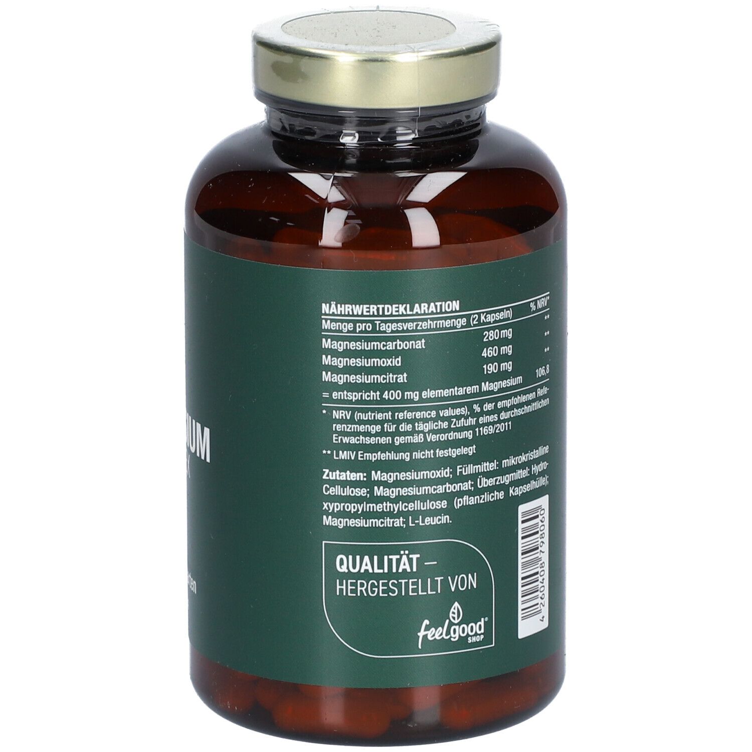 Braune Flasche mit grünem Etikett. Aufschrift: Vegan Magnesium Komplex. 180 Kapseln.