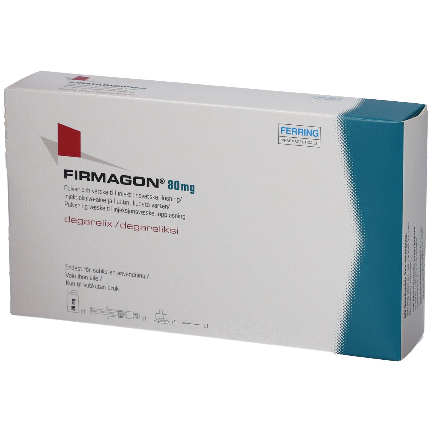 FIRMAGON 80 mg Packung. Weißer Karton mit rotem Logo und blauer Ecke. Enthält Pulver und Lösungsmittel.