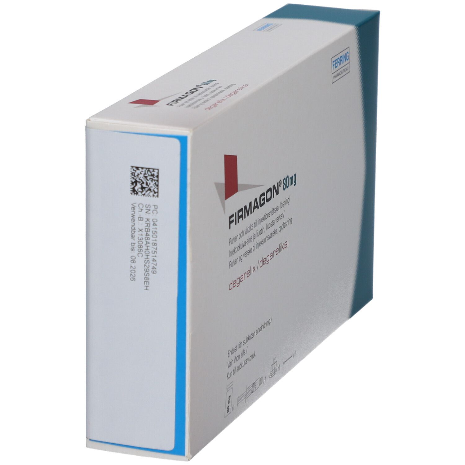 FIRMAGON 80 mg Packung, Seitenansicht. Weißer Karton mit rotem Logo und blauer Ecke. Text und Barcode.