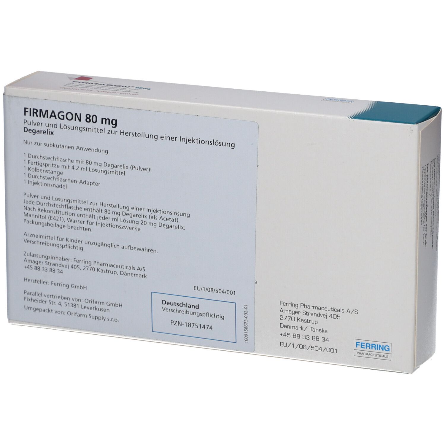Rückseite der FIRMAGON 80 mg Packung. Enthält Textinformationen und Herstellerangaben. Weißer Karton.