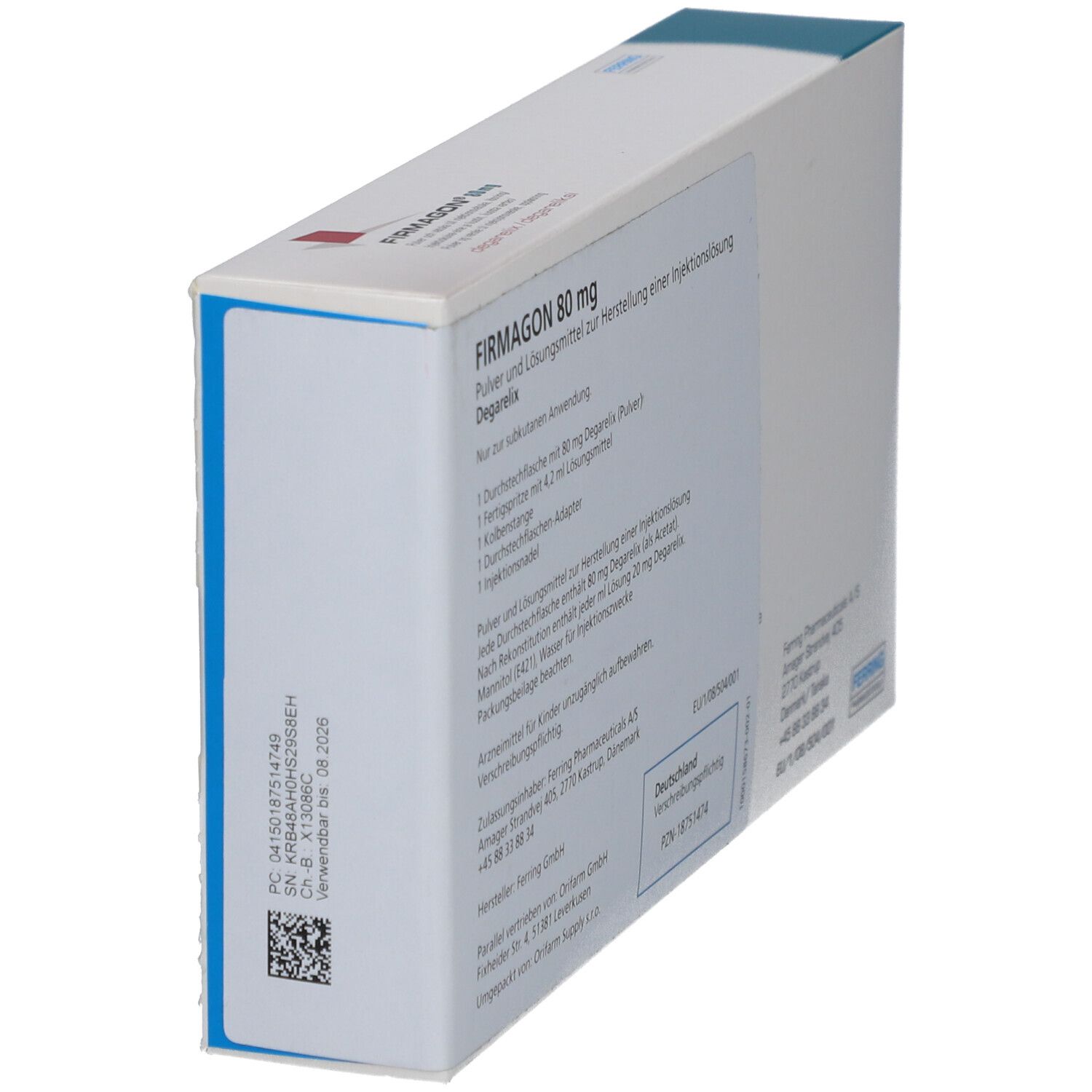 Seitenansicht der FIRMAGON 80 mg Packung. Enthält Textinformationen. Weißer Karton mit blauer Ecke.