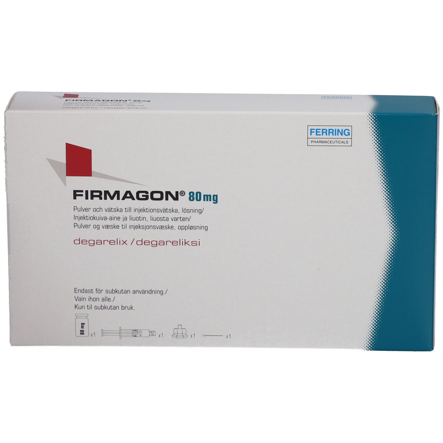 FIRMAGON 80 mg Packung. Weißer Karton mit rotem Logo und blauer Ecke. Text in mehreren Sprachen.