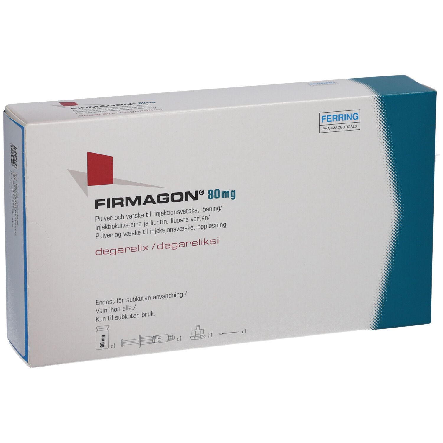 FIRMAGON 80 mg Packung. Weißer Karton mit rotem Logo und blauer Ecke. Text in mehreren Sprachen.