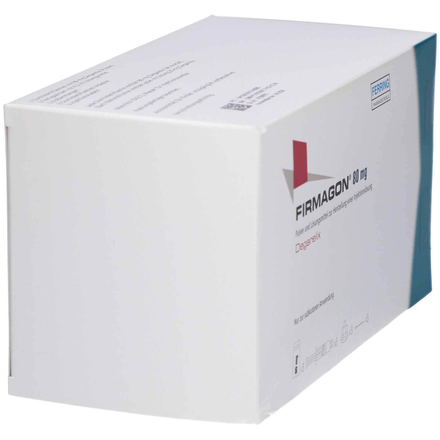 Weiße Faltschachtel mit rotem Logo und Schriftzug FIRMAGON 80 mg. Text: Pulver und Lösungsmittel zur Herstellung einer Injektionslösung. Nur zur subkutanen Anwendung.