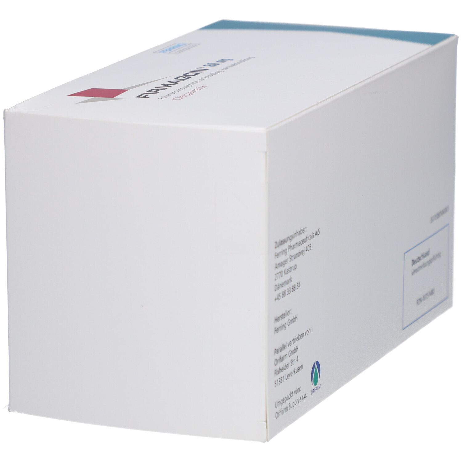 Weiße Faltschachtel mit rotem Logo und Schriftzug FIRMAGON 80 mg. Text: Pulver und Lösungsmittel zur Herstellung einer Injektionslösung. Nur zur subkutanen Anwendung.