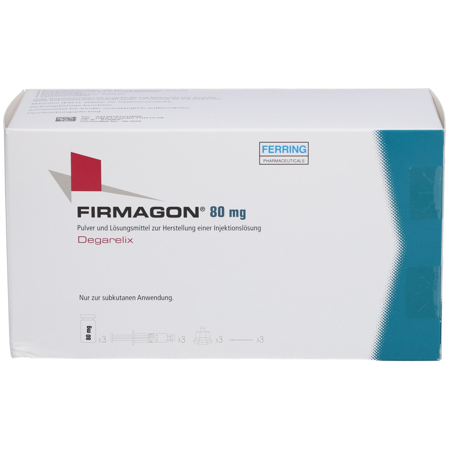 Weiße Faltschachtel mit rotem Logo und Schriftzug FIRMAGON 80 mg. Text: Pulver und Lösungsmittel zur Herstellung einer Injektionslösung. Nur zur subkutanen Anwendung.