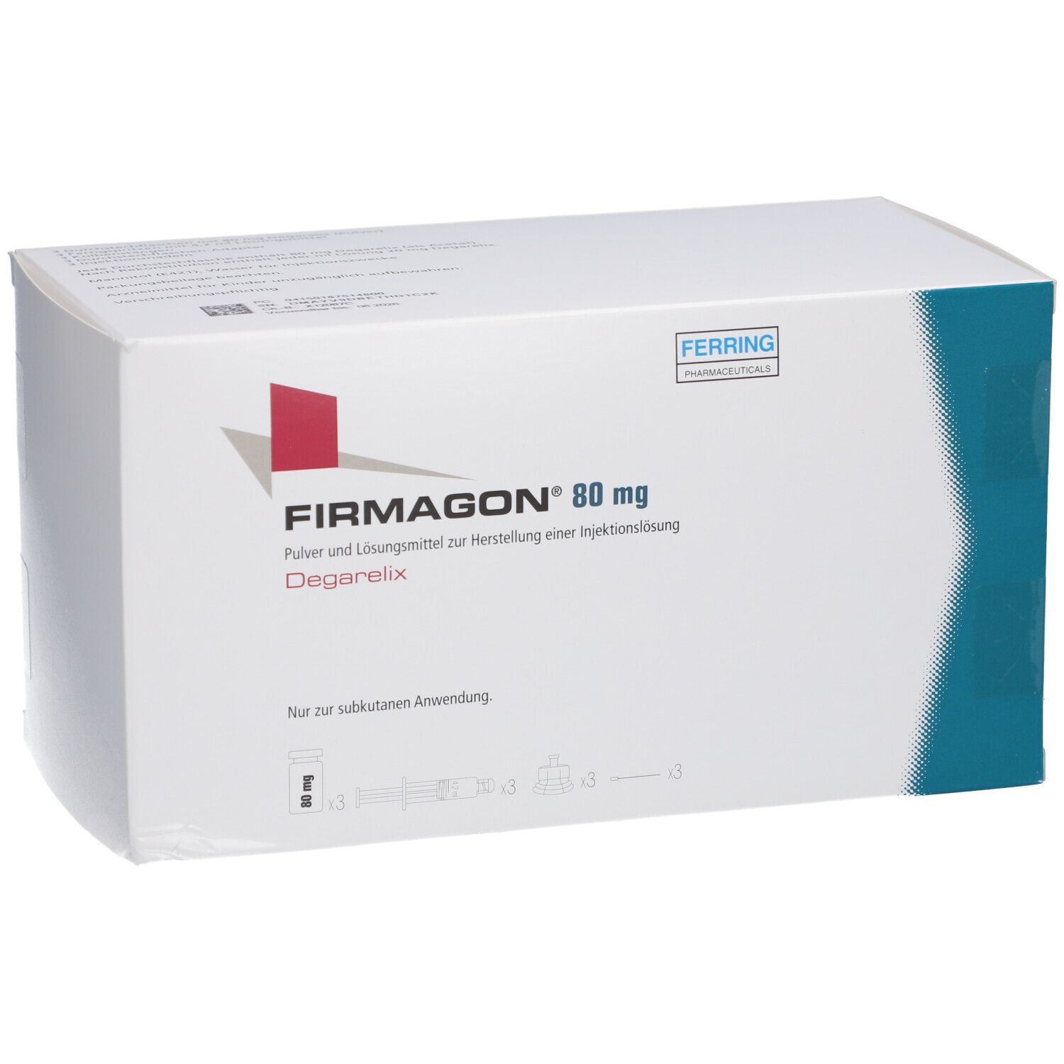 Weiße Faltschachtel mit rotem Logo und Schriftzug FIRMAGON 80 mg. Text: Pulver und Lösungsmittel zur Herstellung einer Injektionslösung. Nur zur subkutanen Anwendung.